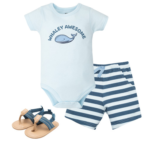 Hudson Baby Cotton Bodysuit, Shorts and Shoe Set, Blue Whaley Awesome