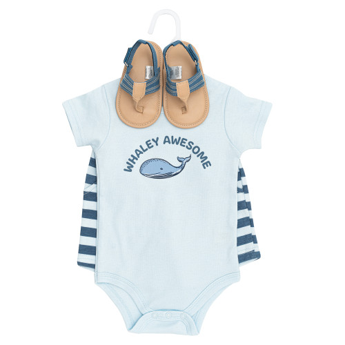 Hudson Baby Cotton Bodysuit, Shorts and Shoe Set, Blue Whaley Awesome
