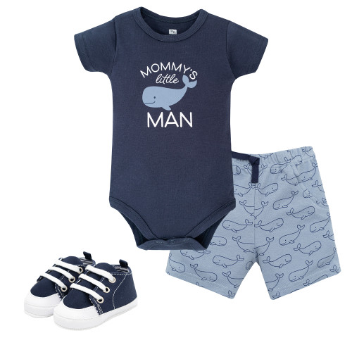 Hudson Baby Cotton Bodysuit, Shorts and Shoe Set, Mommys Little Whale