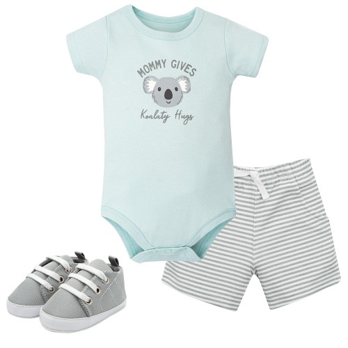 Hudson Baby Cotton Bodysuit, Shorts and Shoe Set, Koala Hugs
