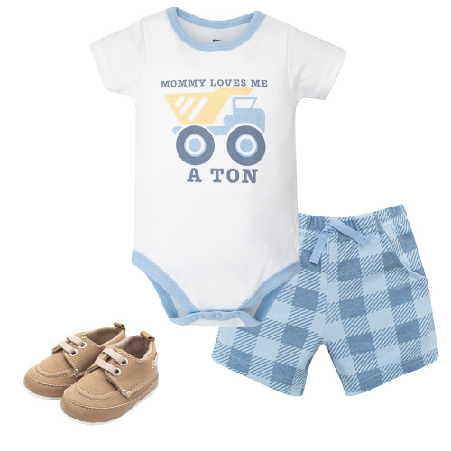 Hudson Baby Cotton Bodysuit, Shorts and Shoe Set, Love Me A Ton