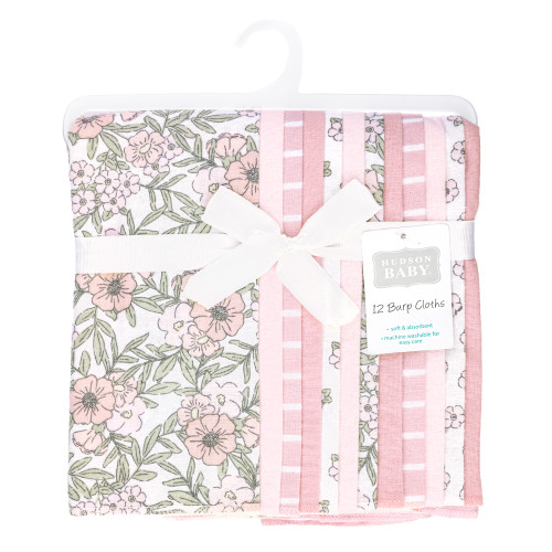 Hudson Baby Cotton Flannel Burp Cloths Bundle, Soft Pink Floral
