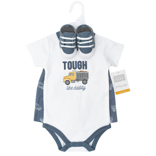 Hudson Baby Cotton Bodysuit, Shorts and Shoe Set, Blue Construction Truck