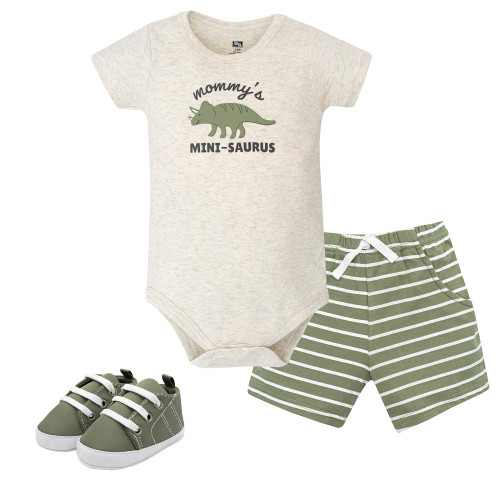Hudson Baby Cotton Bodysuit, Shorts and Shoe Set, Sage Dino