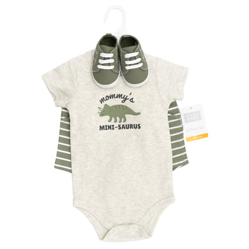 Hudson Baby Cotton Bodysuit, Shorts and Shoe Set, Sage Dino
