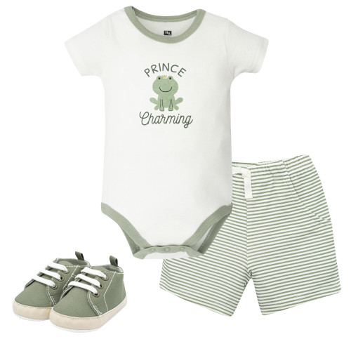 Hudson Baby Cotton Bodysuit, Shorts and Shoe Set, Prince Frog