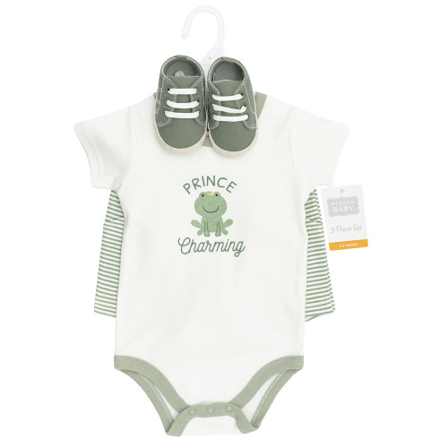 Hudson Baby Cotton Bodysuit, Shorts and Shoe Set, Prince Frog