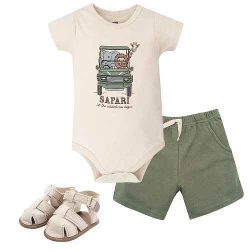 Hudson Baby Cotton Bodysuit, Shorts and Shoe Set, Going On Safari