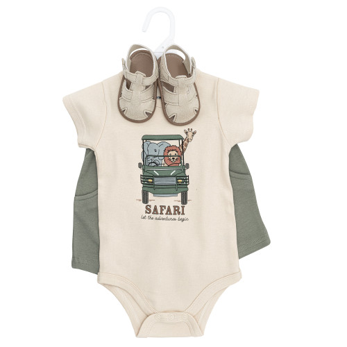 Hudson Baby Cotton Bodysuit, Shorts and Shoe Set, Going On Safari