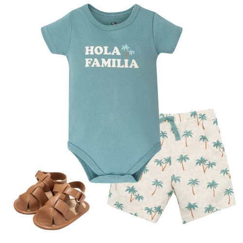 Hudson Baby Cotton Bodysuit, Shorts and Shoe Set, Hola Familia