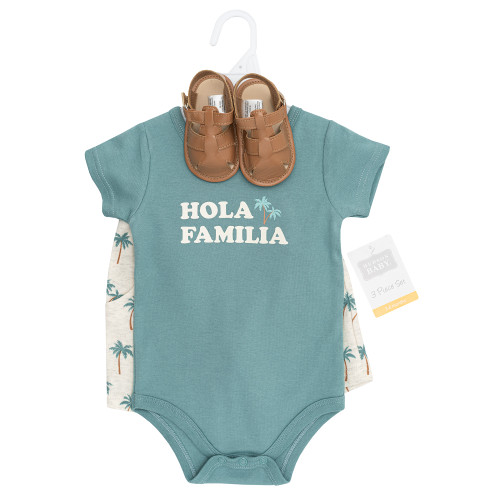 Hudson Baby Cotton Bodysuit, Shorts and Shoe Set, Hola Familia