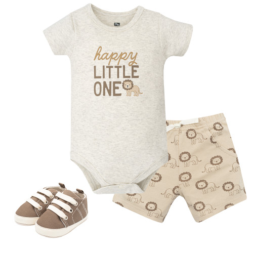 Hudson Baby Cotton Bodysuit, Shorts and Shoe Set, Happy Little One Safari