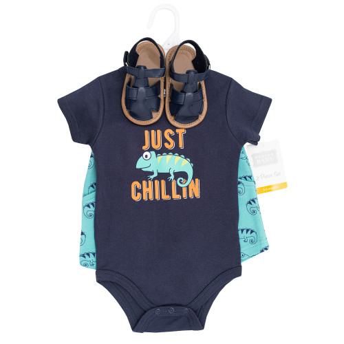 Hudson Baby Cotton Bodysuit, Shorts and Shoe Set, Chameleon