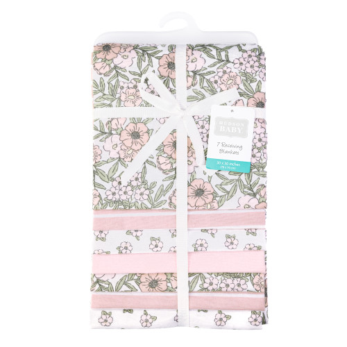 Hudson Baby Cotton Flannel Receiving Blankets Bundle, Soft Pink Floral