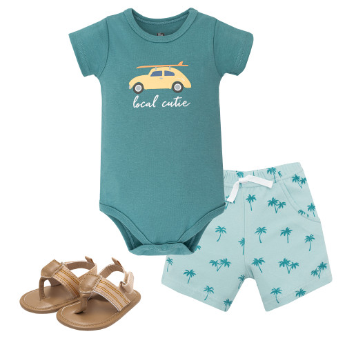 Hudson Baby Cotton Bodysuit, Shorts and Shoe Set, Surf Car Local Cutie