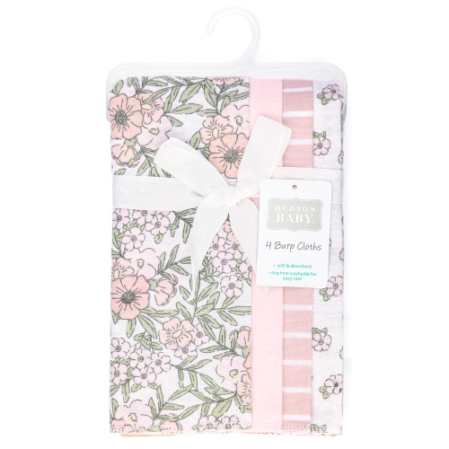 Hudson Baby Cotton Flannel Burp Cloths, Soft Pink Floral