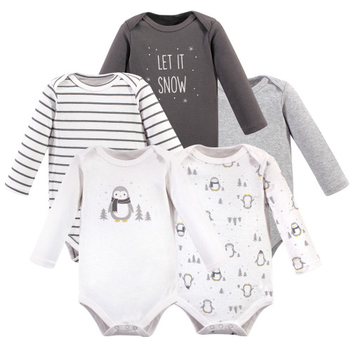 Hudson Baby Cotton Long-Sleeve Bodysuits 5-Pack, Gray Penguin