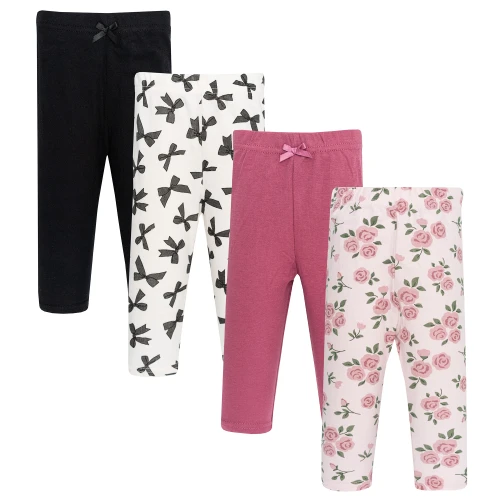 Hudson Baby Infant Girls Cotton Pants and Leggings 4-Pack, Blush Rose Black Bow