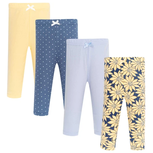 Hudson Baby Unisex Baby Cotton Pants and Leggings 4-Pack, Blue Yellow Daisy