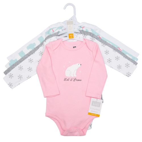 Hudson Baby Infant Girls Cotton Long-Sleeve Bodysuits 5-Pack, Pink Polar Bear