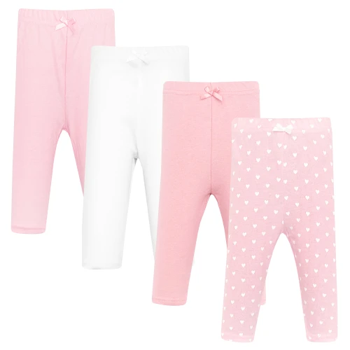 Hudson Baby Infant Girls Cotton Pants and Leggings 4-Pack, White Hearts