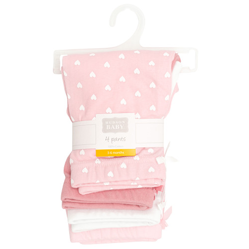 Hudson Baby Infant Girls Cotton Pants and Leggings 4-Pack, White Hearts