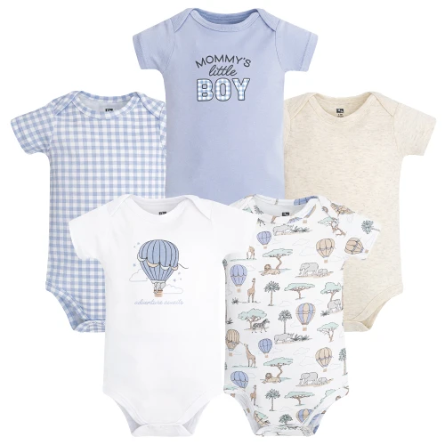Hudson Baby Infant Boys Cotton Bodysuits 5-Pack, Safari Hot Air Balloon