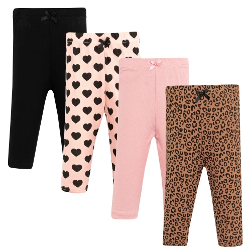 Hudson Baby Infant Girls Cotton Pants and Leggings 4-Pack, Leopard And Hearts