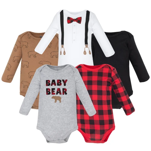 Hudson Baby Infant Boys Cotton Long-Sleeve Bodysuits 5-Pack, Baby Bear Buffalo Plaid