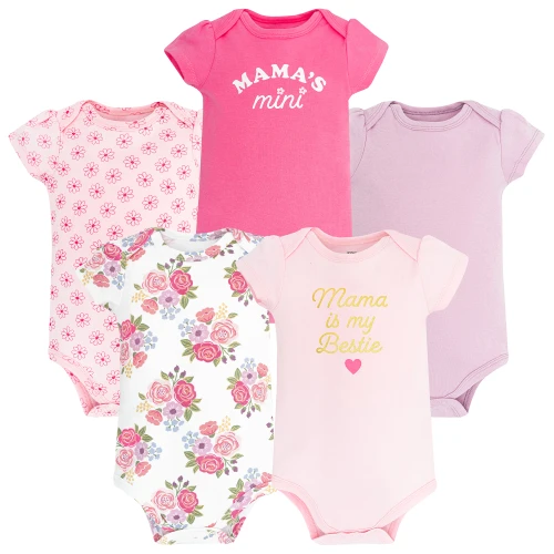 Hudson Baby Infant Girls Cotton Bodysuits 5-Pack, Mama Floral