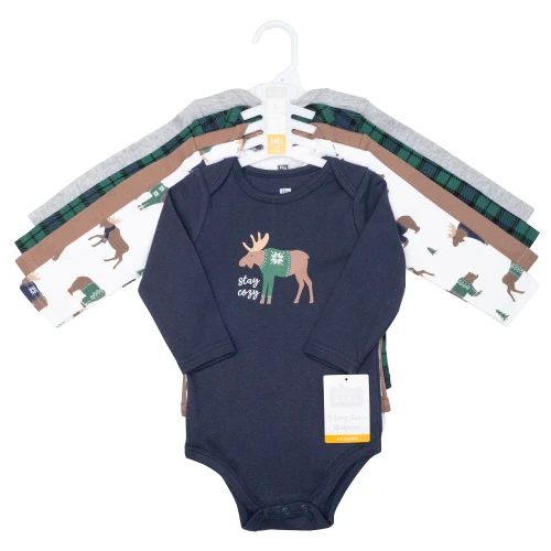 Hudson Baby Infant Boys Cotton Long-Sleeve Bodysuits 5-Pack, Moose Bear Sweater