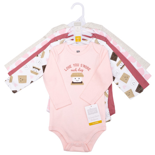 Hudson Baby Infant Girls Cotton Long-Sleeve Bodysuits 5-Pack, Smores Hug