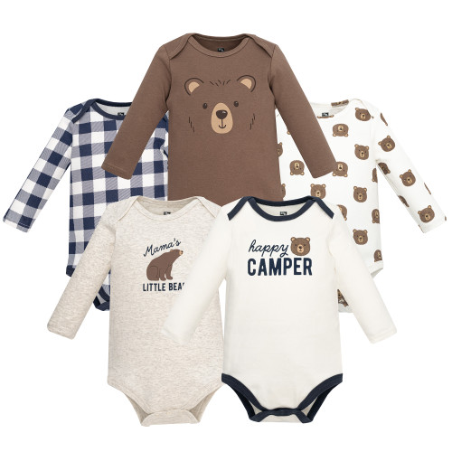 Hudson Baby Infant Boys Cotton Long-Sleeve Bodysuits 5-Pack, Happy Camper Bear