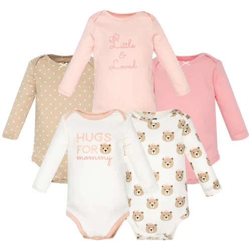 Hudson Baby Infant Girls Cotton Long-Sleeve Bodysuits 5-Pack, Pink Taupe Bear