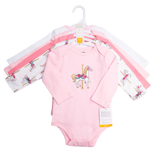 Hudson Baby Infant Girls Cotton Long-Sleeve Bodysuits 5-Pack, Carousel Horse