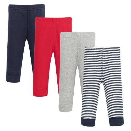Hudson Baby Unisex Baby Cotton Pants and Leggings 4-Pack, Navy Stripe Red