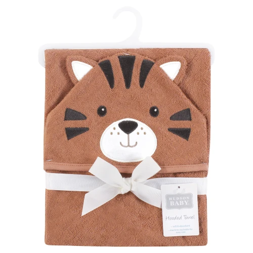 Hudson Baby Unisex Baby Cotton Poly Animal Face Hooded Towel, Brown Tiger