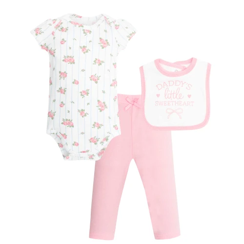 Hudson Baby Unisex Baby Cotton Bodysuit, Pant and Bib Set, Daddys Sweetheart Floral