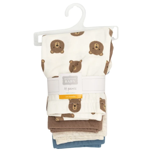 Hudson Baby Infant Boys Cotton Pants and Leggings 4-Pack, Happy Camper Bear Basic