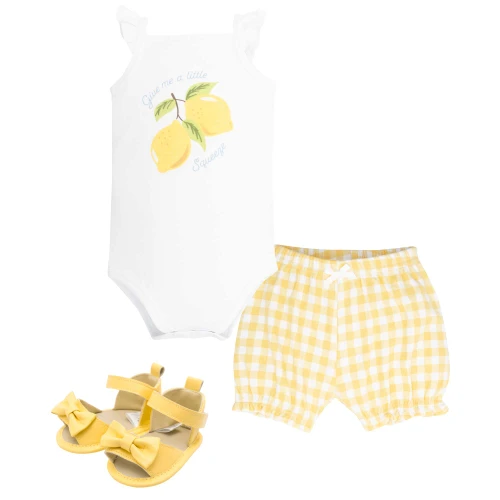 Hudson Baby Unisex Baby Cotton Bodysuit, Shorts and Shoe Set, Lt Blue Lemon Squeeze