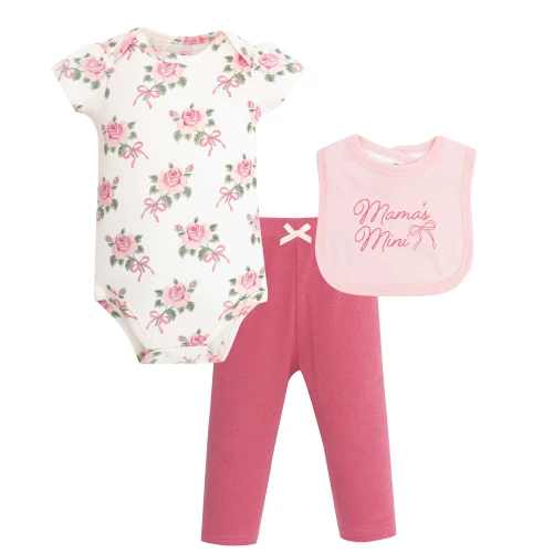 Hudson Baby Unisex Baby Cotton Bodysuit, Pant and Bib Set, Roses And Bows Mini