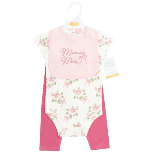 Hudson Baby Unisex Baby Cotton Bodysuit, Pant and Bib Set, Roses And Bows Mini