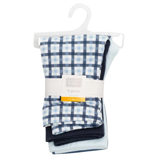 Hudson Baby Unisex Baby Cotton Pants and Leggings 4-Pack, Multi Blue Gingham