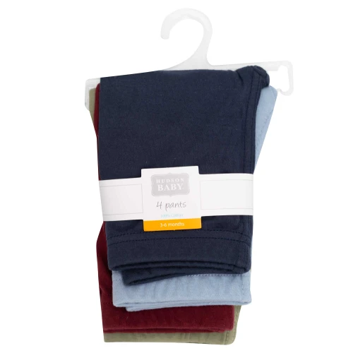 Hudson Baby Unisex Baby Cotton Pants and Leggings 4-Pack, Navy Olive Burgundy