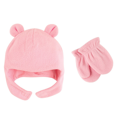 Luvable Friends Girl Fleece Bear Hat and Mitten Set, 2-Piece Set, Light Pink