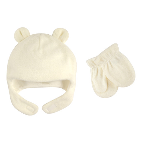 Luvable Friends Boy and Girl Fleece Bear Hat and Mitten Set, 2-Piece Set, Cream