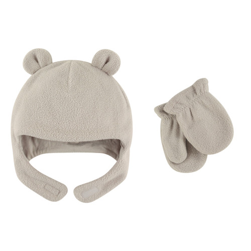 Luvable Friends Girl Toddler Fleece Bear Hat and Mitten Set, 2-Piece Set, Light Gray