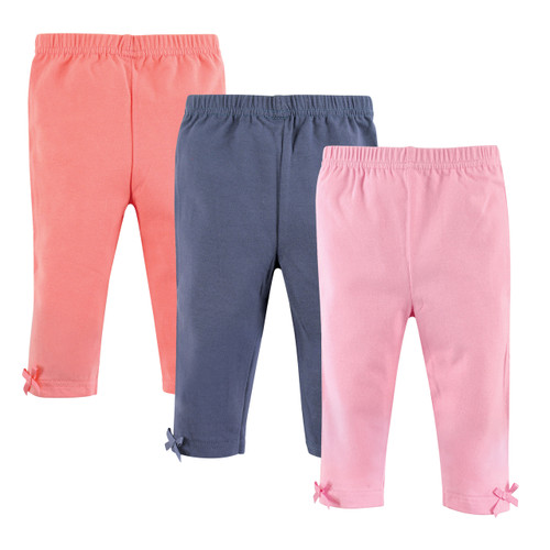 Hudson Baby Girl Toddler Leggings with Knotted Ankle Bows, 3-Pack, Pink and Navy