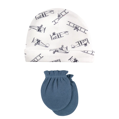 Hudson Baby Cotton Cap and Scratch Mitten Set, Aviation