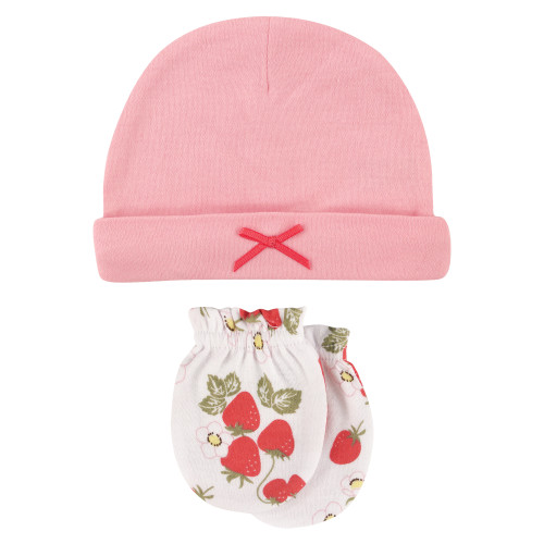 Hudson Baby Cotton Cap and Scratch Mitten Set, Strawberries
